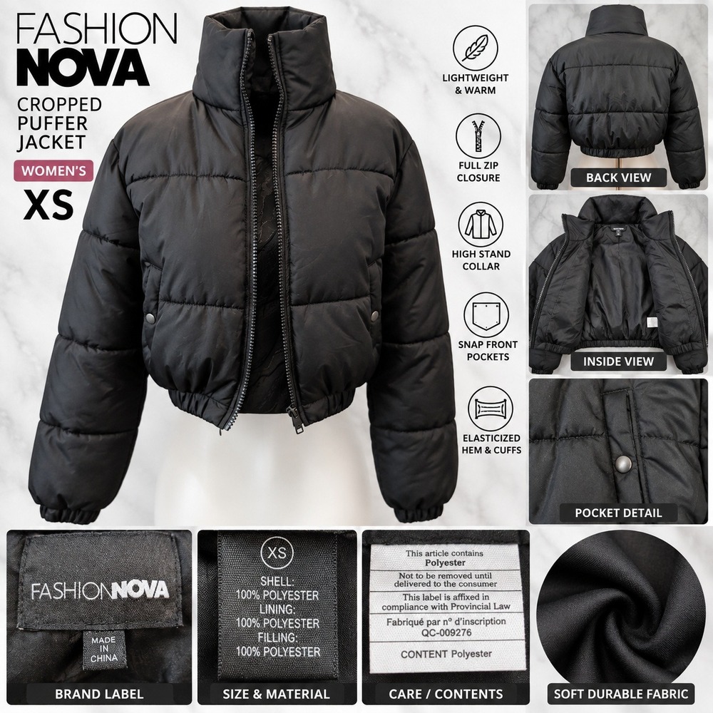 Fashion Nova Womens XS Black Cropped Puffer Jacket High Collar Zip Up Outerwear